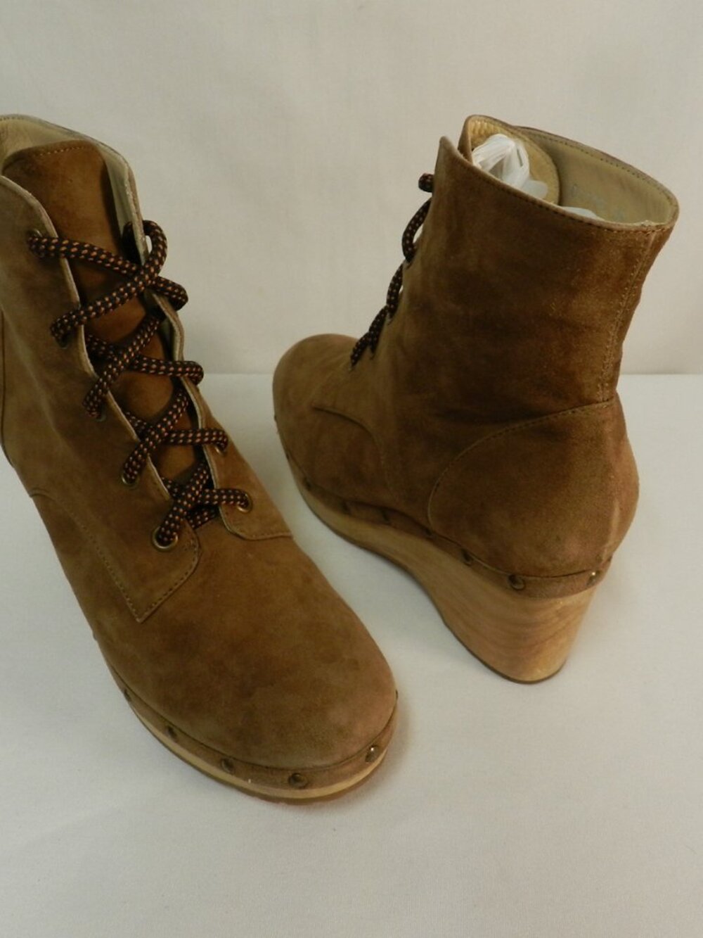 Opening Ceremony Suede Clog platform boots wood heel booties brown Size 38 US 8
